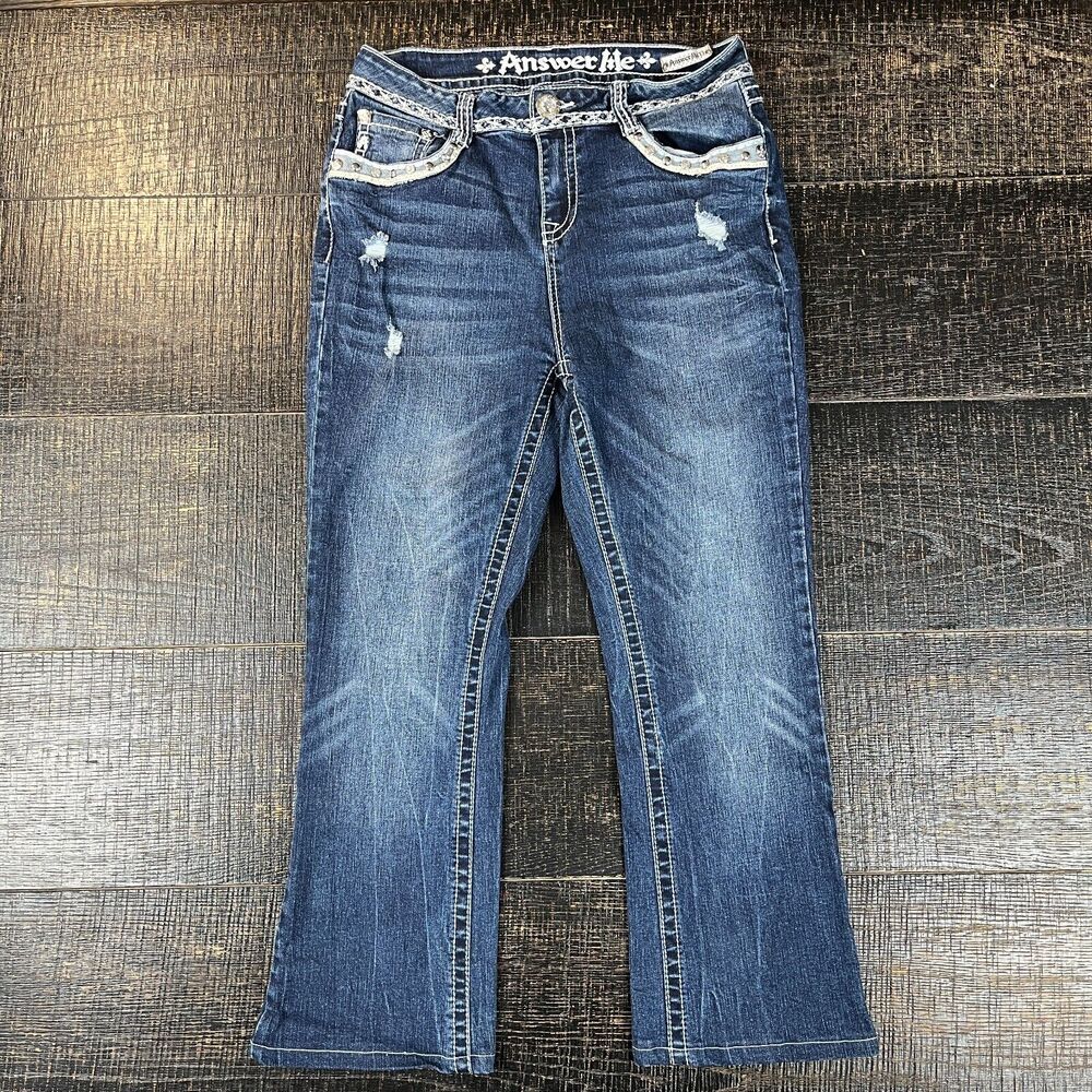 Answer Me Rhinestone Blue Wash Denim Bootcut Flared Jeans Pants Women's Size 11